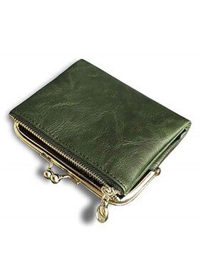 Women Small Wallet RFID Bifold PU Leather Coin Purse Zipper Kiss Lock Green